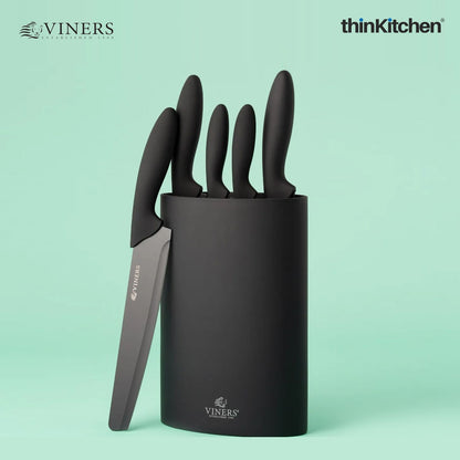 Viners Assure Set of 5 Safety Kitchen Knives & Universal Knife Holder, Black