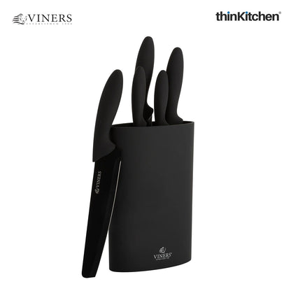 Viners Assure Set of 5 Safety Kitchen Knives & Universal Knife Holder, Black