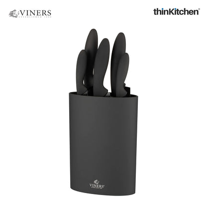 Viners Assure Set of 5 Safety Kitchen Knives & Universal Knife Holder, Black