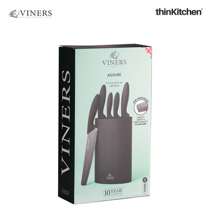 Viners Assure Set of 5 Safety Kitchen Knives & Universal Knife Holder, Black