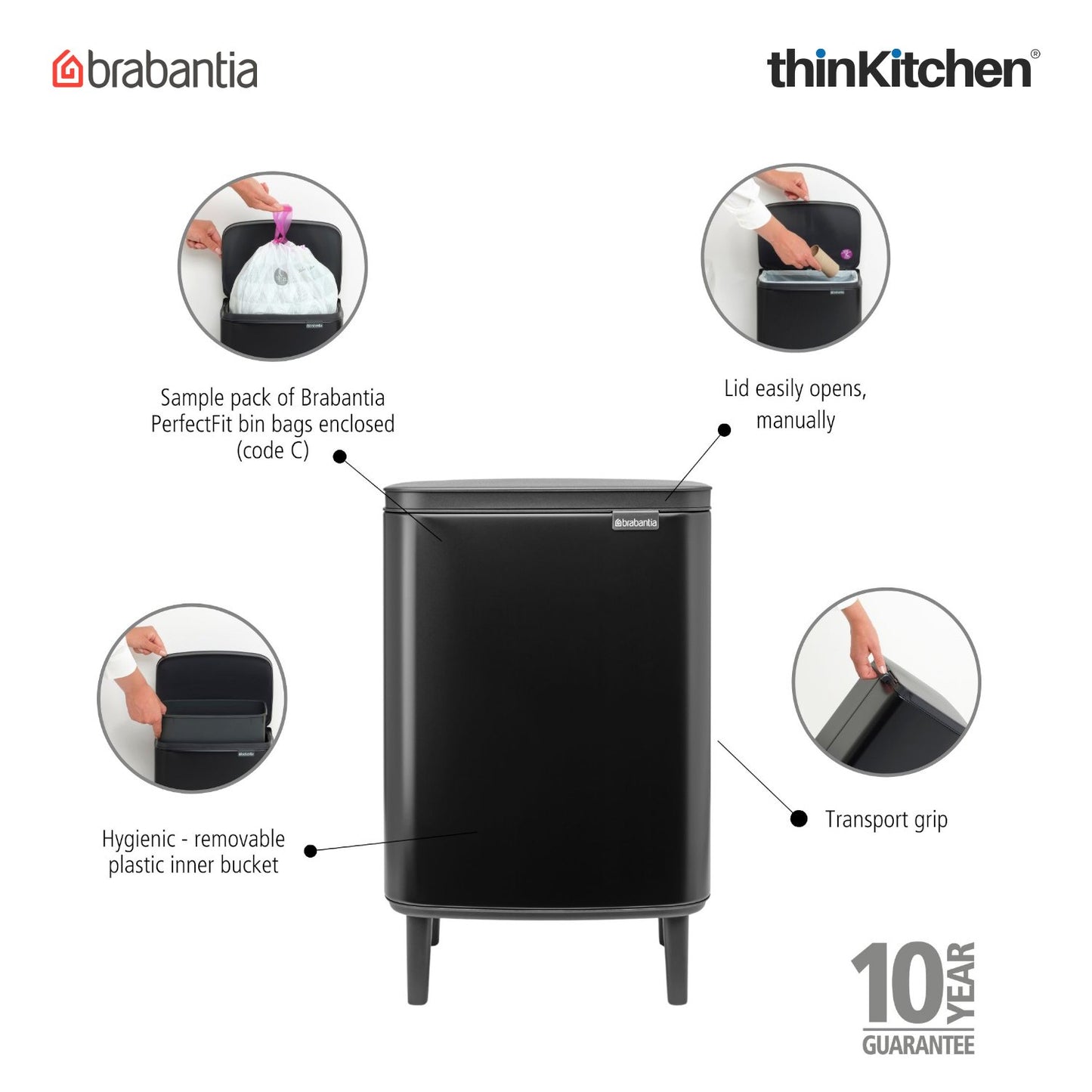 Brabantia Bo Waste Bin Hi 12 Litre Matt Black