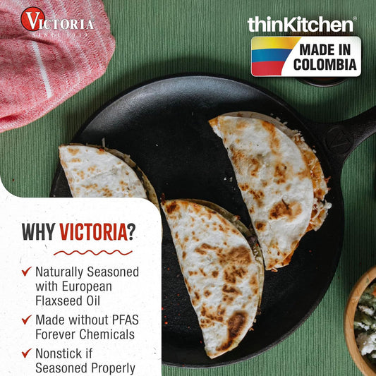 Victoria 10.5-Inch Cast Iron Comal Griddle Pan with a Long Handle, Preseasoned with Flaxseed Oil, Made in Colombia