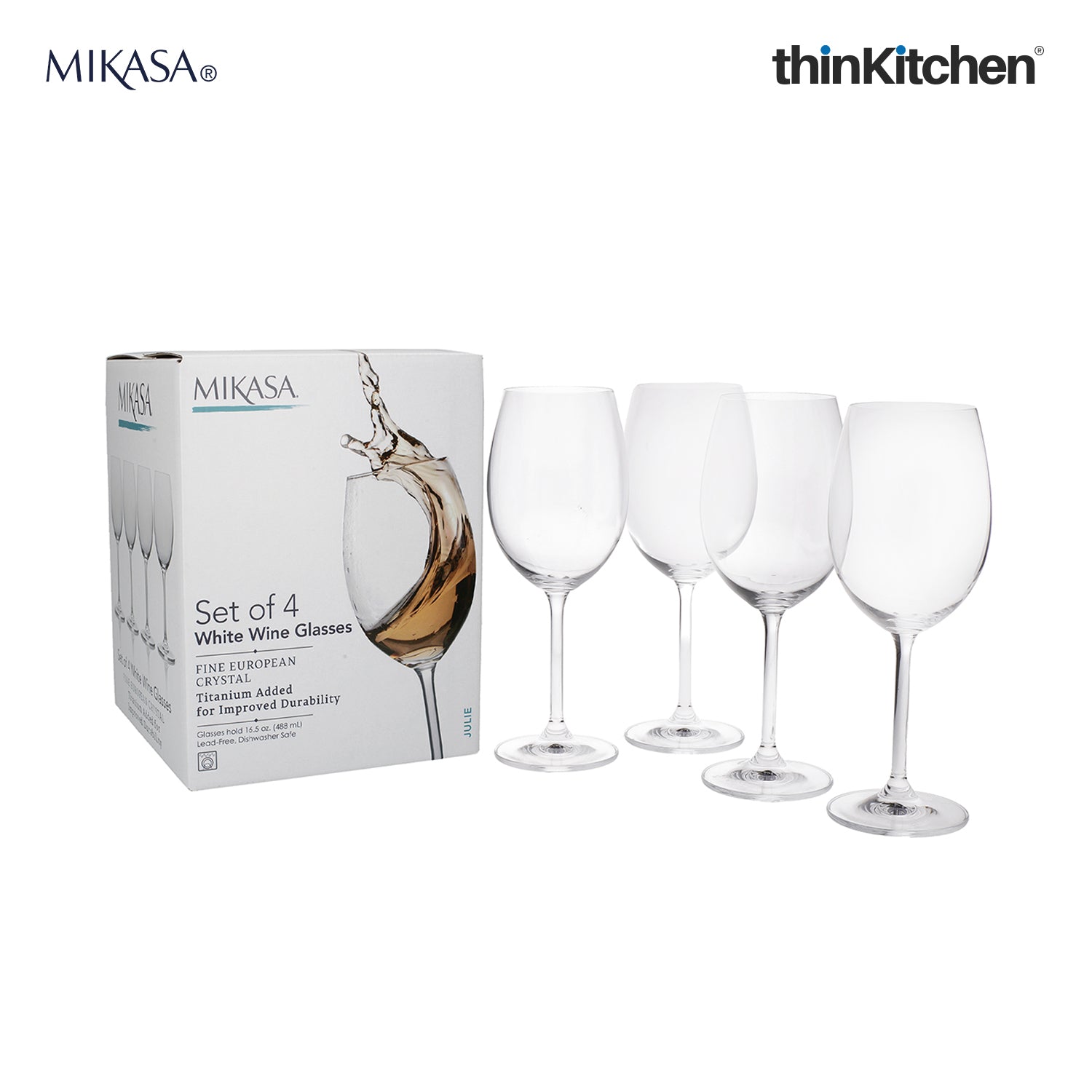 Mikasa Julie Gold Set of 4 White Wine Glasses, 16.5-Ounce, Clear