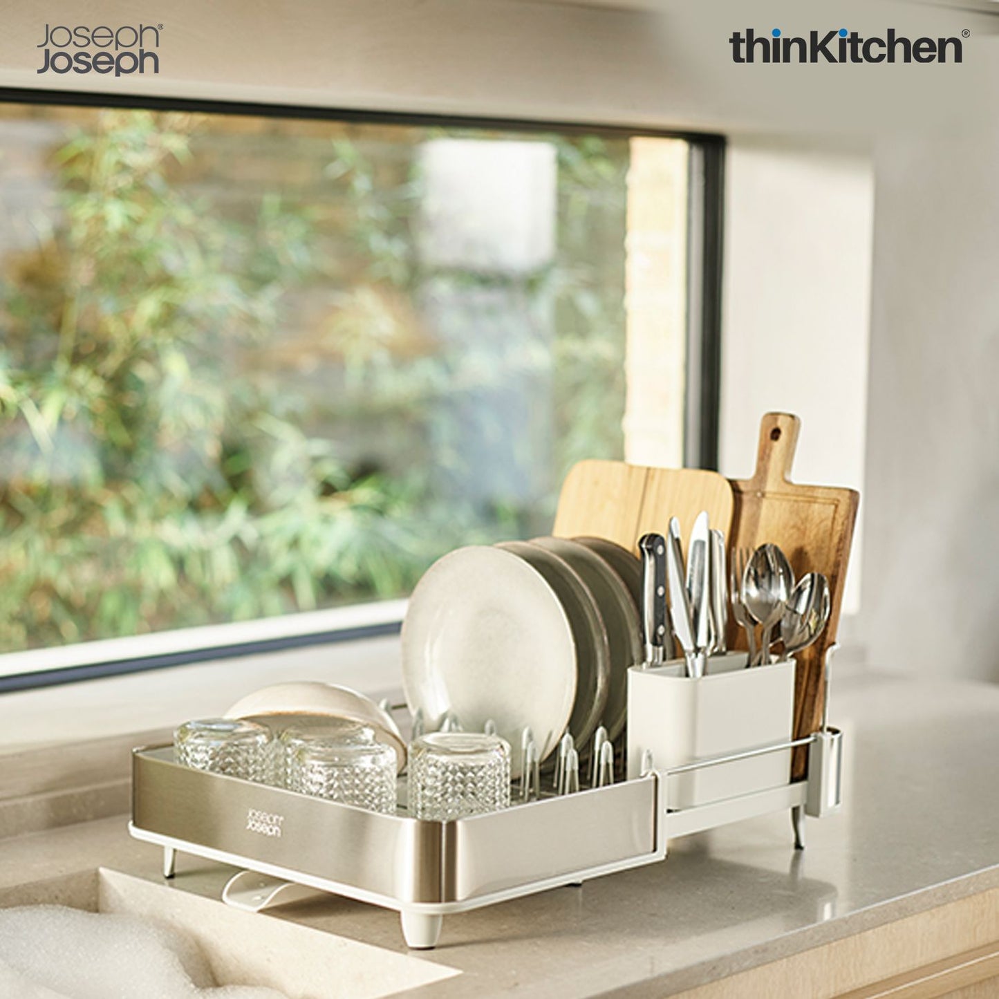 Joseph Joseph Extend™ Steel Expandable dish rack with draining spout -  Stone