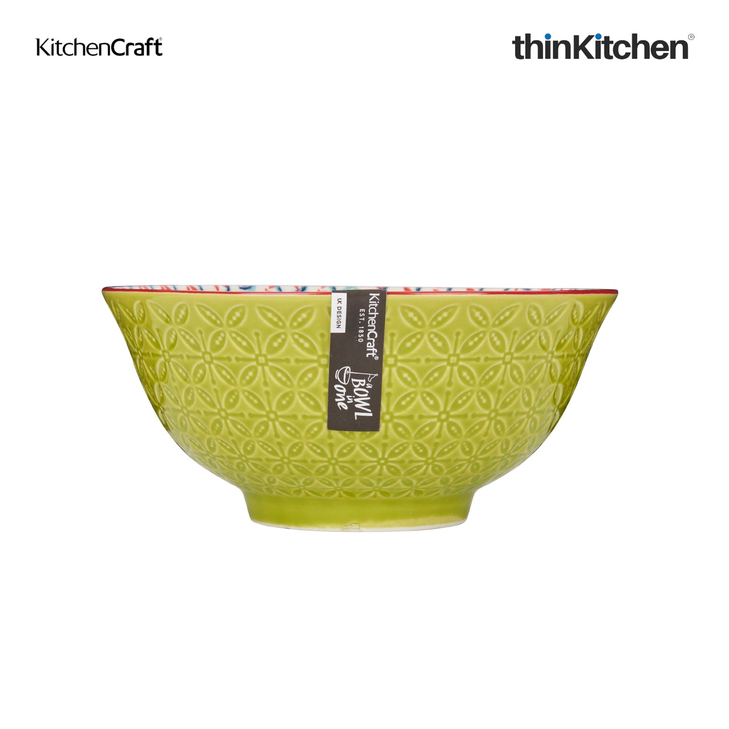 Kitchencraft Glazed Stoneware Bright Green Geometric Lime Floral Bowl