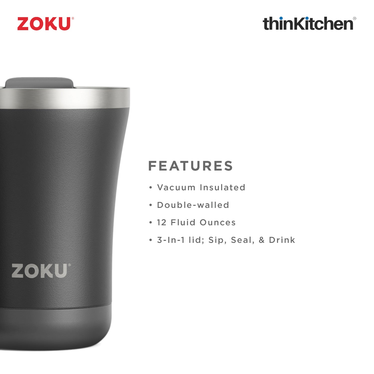 Zoku 12oz 3-in-1 Stainless Steel Tumbler Powder Coated Ash